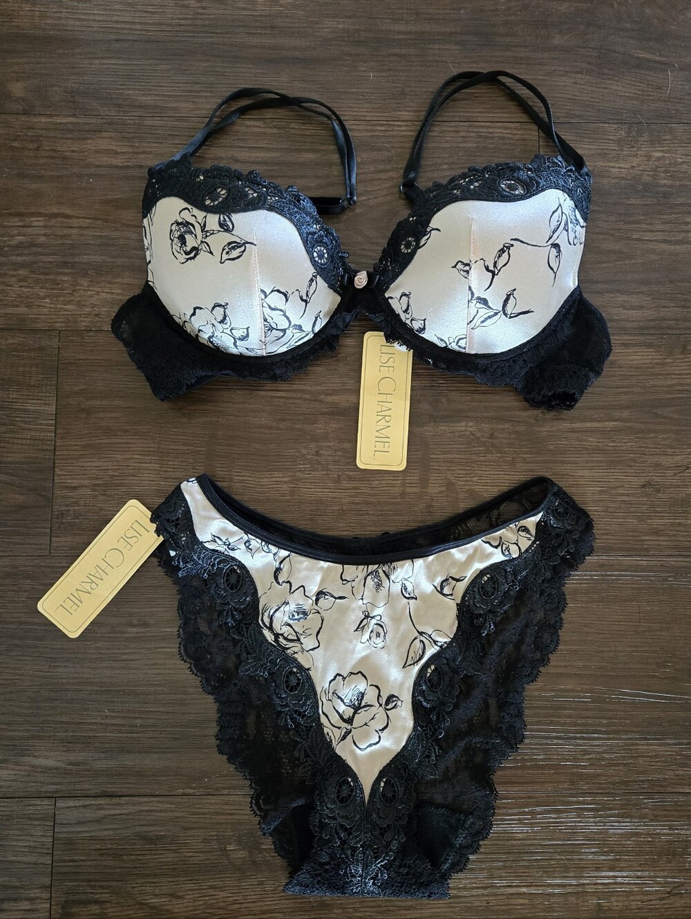 Lise Charmel Luxury French Lingerie Set Black Lace Light Pink Floral